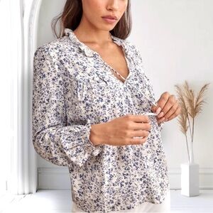 REFORMATION Micro Floral Print Puff Long Sleeve Ruffle Collar Tie V-Neck Top XS